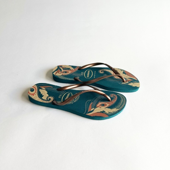 Havaianas Green Gold Orange Rubber Flip Flops size 9 - Picture 2 of 10